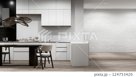 dinner room japanese style with long table and wooden chairs in room japandi.3D rendering 124753420
