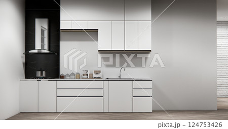 Mock up white modern loft style on kitchen counter scene mockup and set shaped kitchen design. 3d rendering 124753426