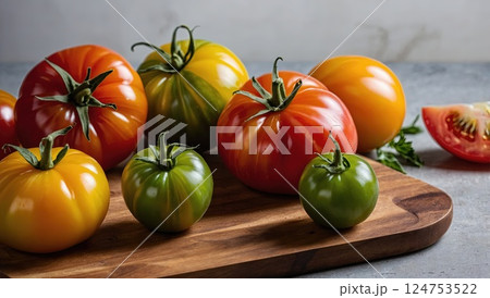 Tomatoes of Different Colors and Sizes on a Wooden Board 124753522