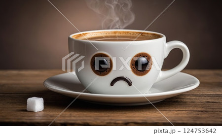 Sad Coffee Cup with Face on Wooden Table and Sugar Cube Sad Coffee Cup with Face on Wooden Table and Sugar Cube 124753642