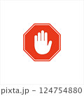Red Octagonal Sign with White Hand Symbol Indicating a Stop or Warning 124754880