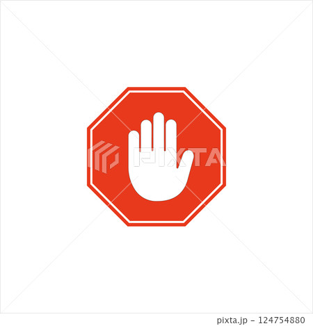 Red Octagonal Sign with White Hand Symbol Indicating a Stop or Warning Red Octagonal Sign with White Hand Symbol Indicating a Stop or Warning 124754880