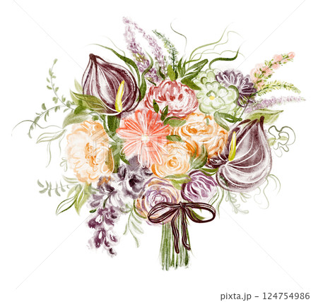 Watercolor illustration of a floral bouquet with blossoms, leaves, and branches. Hand-drawn romantic design for wedding invitations, greeting cards, or posters. Isolated on a white background. 124754986