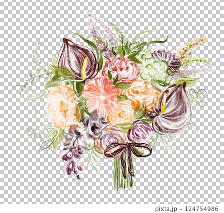 Watercolor illustration of a floral bouquet with blossoms, leaves, and branches. Hand-drawn romantic design for wedding invitations, greeting cards, or posters. Isolated on a white background. 124754986