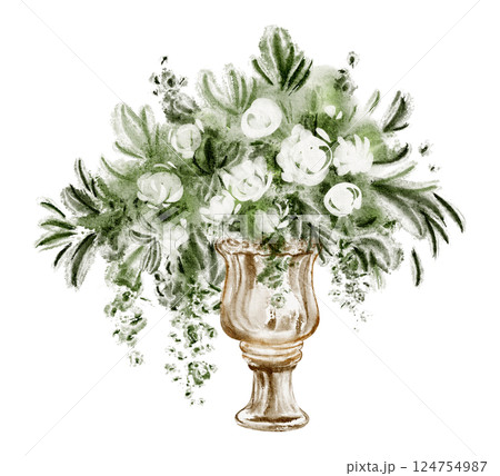 Watercolor illustration of a vase filled with blooming flowers, lush floral bouquet, and delicate leaves. Hand-drawn design perfect for invitations, postcards, or greeting cards. 124754987