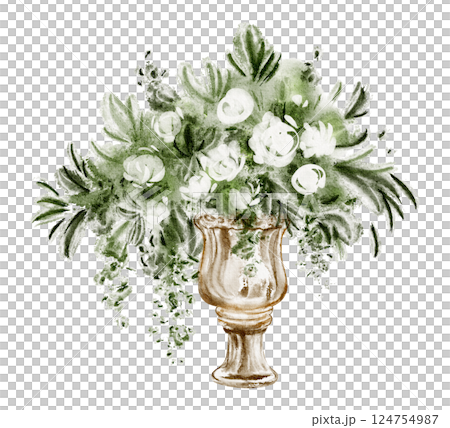 Watercolor illustration of a vase filled with blooming flowers, lush floral bouquet, and delicate leaves. Hand-drawn design perfect for invitations, postcards, or greeting cards. 124754987