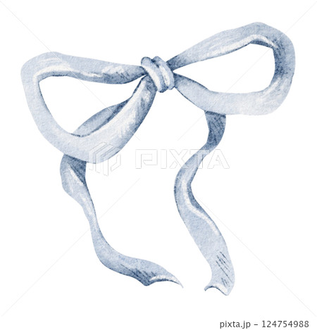 Bow with Ribbon watercolor illustration. Hand-drawn knot in blue for a charming anniversary greeting card. Elegant and decorative accessory artwork perfect for wedding or holiday celebration design. 124754988