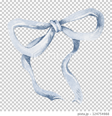 Bow with Ribbon watercolor illustration. Hand-drawn knot in blue for a charming anniversary greeting card. Elegant and decorative accessory artwork perfect for wedding or holiday celebration design. 124754988