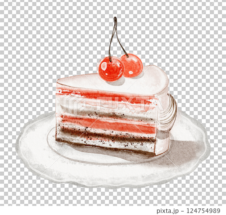 Watercolor illustration of a slice of sponge cake with frosting and a cherry, capturing the elegance and sweetness of a wedding dessert. For bridal shower invitations or anniversary celebrations. Watercolor illustration of a slice of sponge cake with frosting and a cherry, capturing the elegance and sweetness of a wedding dessert. For bridal shower invitations or anniversary celebrations. 124754989