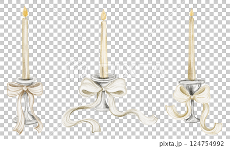 Watercolor illustration of a glowing candle in an antique candlestick. Vintage artwork for invitations, greeting cards, book covers, and packaging. Mystical, gothic design nostalgia, and romance. Watercolor illustration of a glowing candle in an antique candlestick. Vintage artwork for invitations, greeting cards, book covers, and packaging. Mystical, gothic design nostalgia, and romance. 124754992