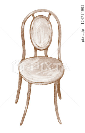 Watercolor illustration of an antique wooden chair. Drawing Victorian furniture capturing timeless elegance. Perfect for vintage decor, weddings, and interior design. A refined artwork of comfort. 124754993