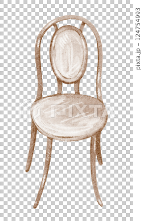 Watercolor illustration of an antique wooden chair. Drawing Victorian furniture capturing timeless elegance. Perfect for vintage decor, weddings, and interior design. A refined artwork of comfort. 124754993