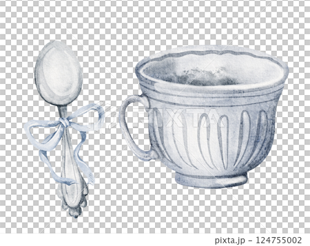 Watercolor illustration of an elegant tea set with a porcelain cup and teaspoon. Drawing of vintage crockery and traditional kitchenware for tea time invitations. For a classic teatime setting. 124755002