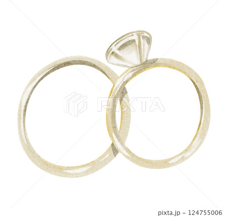 Watercolor illustration of two golden rings tied together. Drawing of a precious symbol of love and union for engagement or wedding invitations. Elegant design for celebration cards. 124755006