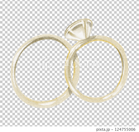 Watercolor illustration of two golden rings tied together. Drawing of a precious symbol of love and union for engagement or wedding invitations. Elegant design for celebration cards. 124755006
