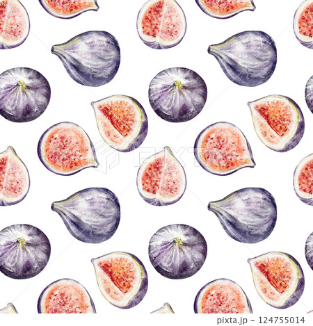 Watercolor fruit pattern featuring fresh fig and tropical slices on a seamless backdrop. Perfect for kitchen textiles, fabric prints, or vibrant summer wallpaper. Food backdrop for baby textile. Watercolor fruit pattern featuring fresh fig and tropical slices on a seamless backdrop. Perfect for kitchen textiles, fabric prints, or vibrant summer wallpaper. Food backdrop for baby textile. 124755014