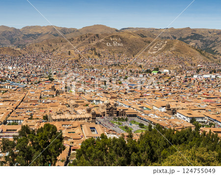 Impressive elevated view of Cusco with Plaza de Armas in foreground, Peru 124755049