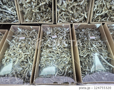 Korean seafood food ingredient. Dried anchovies. 124755320