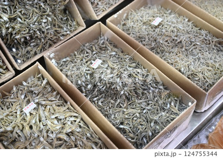 Korean seafood food ingredient. Dried anchovies. 124755344