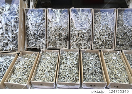 Korean seafood food ingredient. Dried anchovies. Korean seafood food ingredient. Dried anchovies. 124755349