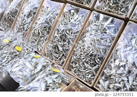 Korean seafood food ingredient. Dried anchovies. 124755351