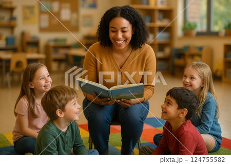 Children Enjoy Storytime With a Teacher in a Bright, Engaging Classroom Setting Children Enjoy Storytime With a Teacher in a Bright, Engaging Classroom Setting 124755582
