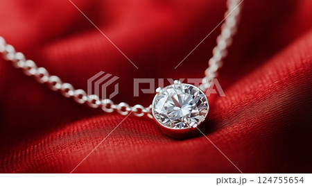 Sparkling Diamond Pendant Resting Elegantly on Crimson Satin Cloth Sparkling Diamond Pendant Resting Elegantly on Crimson Satin Cloth 124755654
