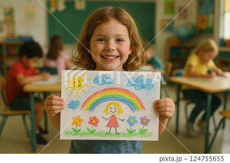 Child Proudly Displays Colorful Artwork Featuring a Rainbow and Flowers in a Classroom Setting 124755655