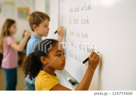 Children Engaged in Writing Activities on a Classroom Whiteboard During an Afternoon Lesson 124755680
