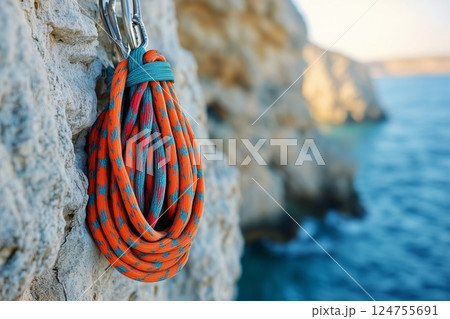 Brightly Colored Climbing Rope Secured on Rocky Cliff by the Seaside During Sunset Brightly Colored Climbing Rope Secured on Rocky Cliff by the Seaside During Sunset 124755691