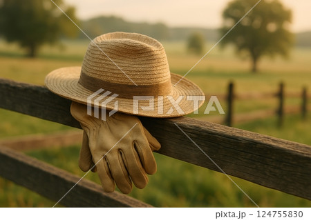Farm Tools Resting on a Wooden Fence at Dusk Near a Tranquil Field 124755830