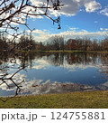 Tranquil lake scene with clear blue sky reflecting on calm waters, leafless branches in foreground. Peaceful nature landscape with sparse trees and grass 124755881