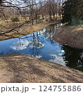 Tranquil pond reflecting sky and clouds, surrounded by trees and dry grass. High-angle view captures peaceful nature scene with a sense of tranquility 124755886
