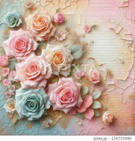 A vintage-inspired, floral art featuring pastel roses and love letters with cracked paint and faded textures. Fine gold accents and soft lighting create an elegant, nostalgic atmosphere. 124755990