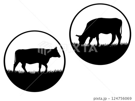detailed realistic cows black and white vector circle emblem silhouette set detailed realistic cows black and white vector circle emblem silhouette set 124756069
