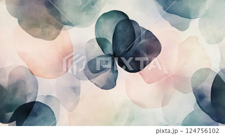 Abstract watercolor floral artwork with soft, blurred petals, floating shapes, and delicate pastel gradients. A dreamy botanical haze with a misty atmosphere. 124756102