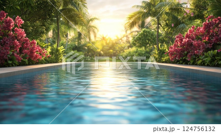 Tranquil Poolside View With Vibrant Flowers and Sunset Glow in a Tropical Garden Setting 124756132
