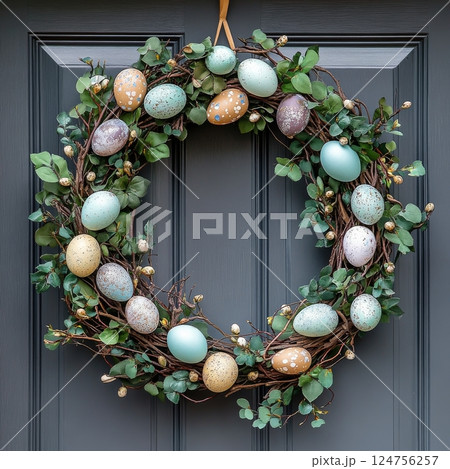 Beautiful Decorative Wreath Featuring Pastel Colored Eggs on a Front Door 124756257