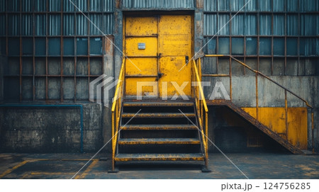 Industrial Setting With Yellow Support Column and Worn Floor Showing Decay and Textures in Abandoned Space 124756285