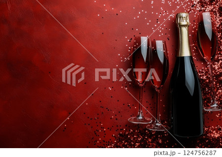 Celebration With Sparkling Wine and Festive Decorations on Red Background 124756287