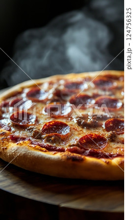 Freshly Baked Pepperoni Pizza With Steam Rising in a Cozy Setting Freshly Baked Pepperoni Pizza With Steam Rising in a Cozy Setting 124756325