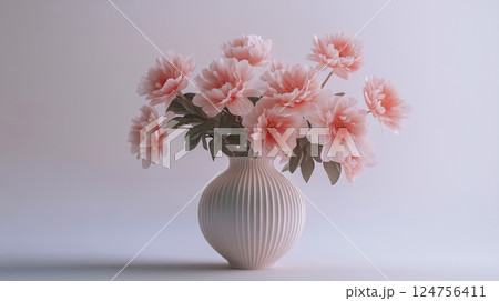Beautiful Pink Peonies in a Minimalist White Vase Enhance a Serene Indoor Space Beautiful Pink Peonies in a Minimalist White Vase Enhance a Serene Indoor Space 124756411