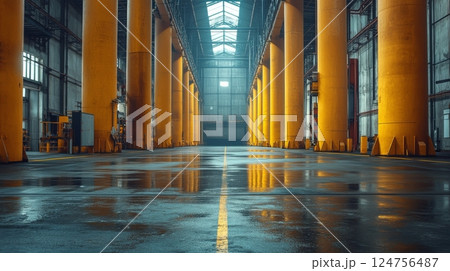 Textured Industrial Wall With Orange and Blue Hues Illuminated by Natural Light in an Urban Setting 124756487