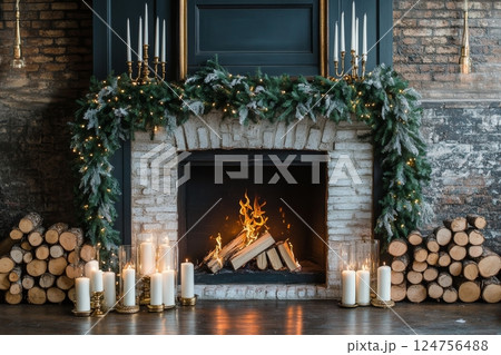 Winter Evenings by a Cozy Fireplace Decorated With Greenery and Candles for a Warm Holiday Ambiance 124756488