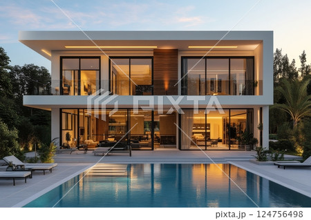 Modern Architectural Design With Large Windows and Pool Surrounded by Greenery in the Evening 124756498