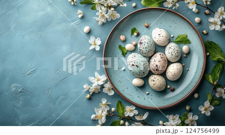 Beautiful Arrangement of Speckled Eggs With Flowers and Greenery on a Textured Plate 124756499