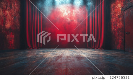 Mysterious Stage With Glowing Curtain and Smoke in an Abandoned Theater at Night 124756531
