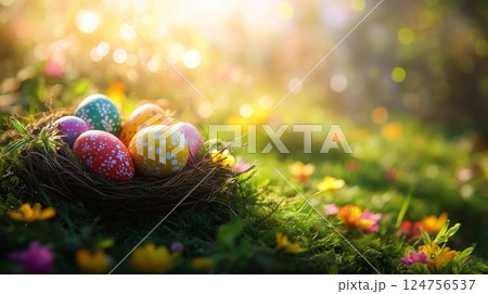 Colorful Easter Eggs Nestled in a Natural Nest on a Grassy Forest Floor During Spring Colorful Easter Eggs Nestled in a Natural Nest on a Grassy Forest Floor During Spring 124756537