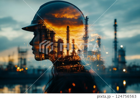 Engineer Silhouette With Oil Refinery Double Exposure at Sunrise Engineer Silhouette With Oil Refinery Double Exposure at Sunrise 124756563