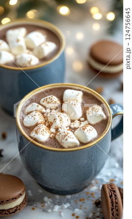 Warm and Rich Hot Chocolate Topped With Marshmallows and Surrounded by Sweet Treats 124756645